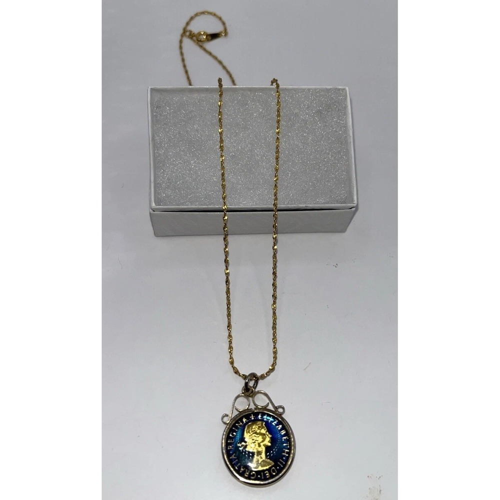 Enameled Glass Covered 1967 Sixpence 1962 Golden Hind Half‎ Penny 18" Necklace - Picture 2 of 5